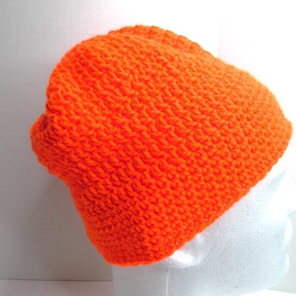 Bright Orange Baggy Beanie Hunter Hat Handmade Crochet Hand Knit Christmas Gift - Picture 3 of 7